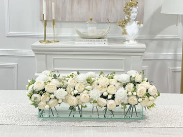 24-in Modern White Rose Peony Arrangement in Long Glass Vase